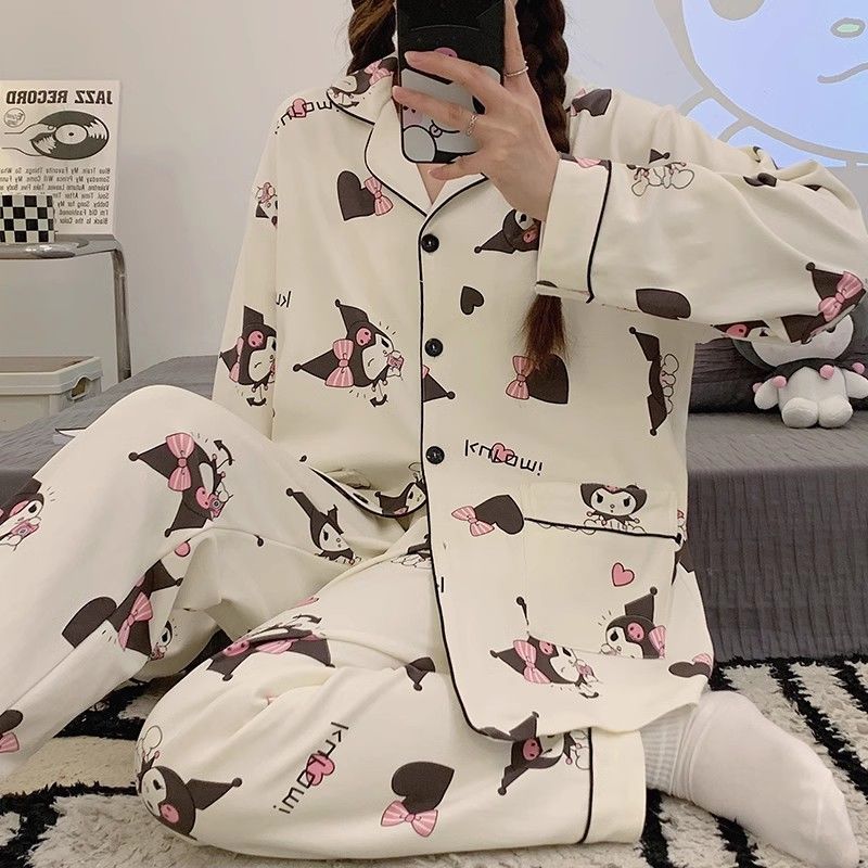 Pajamas for women spring and autumn pure cotton long-sleeved student cute plus size home wear summer 2024 new two-piece suit
