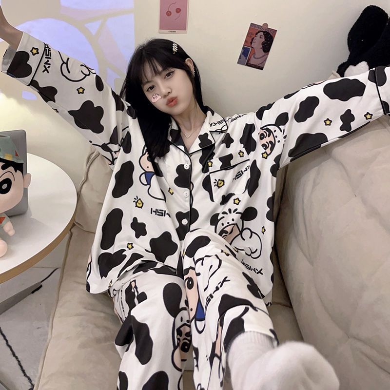 Pajamas for women spring and autumn pure cotton long-sleeved student cute plus size home wear summer 2024 new two-piece suit