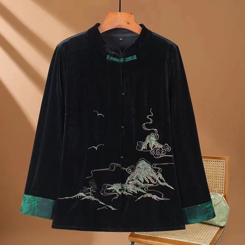 Chinese style embroidered gold velvet jacket for women spring 2024 new style broad lady foreign style middle-aged mother outer top
