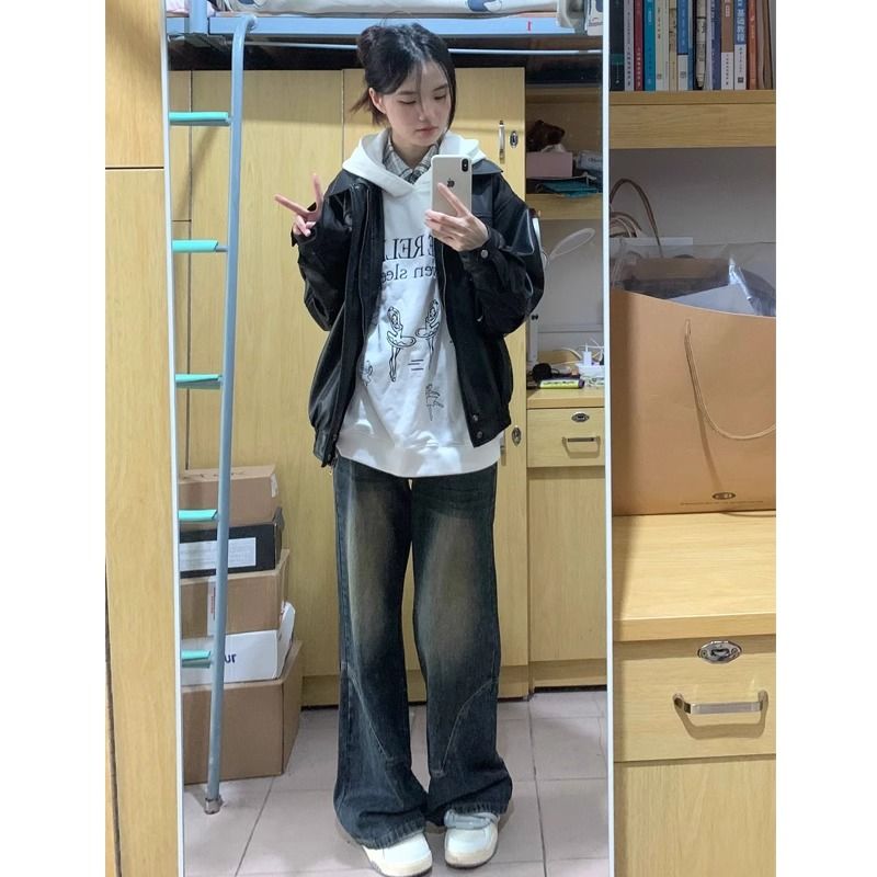 美式復古闊腿牛仔褲女春秋2023新款梨形身材小個子窄版直筒拖地褲