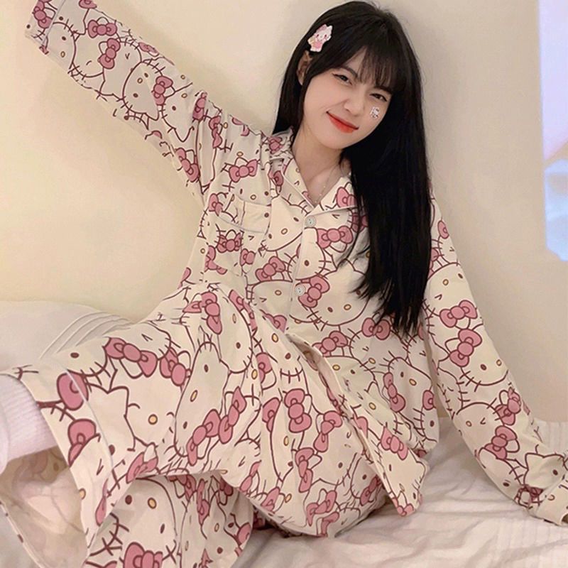 Pajamas for women spring and autumn pure cotton long-sleeved student cute plus size home wear summer 2024 new two-piece suit