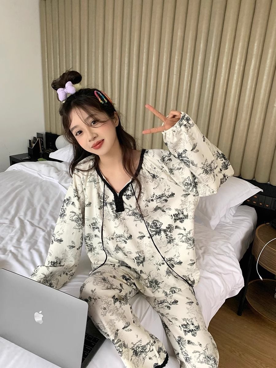 日系ins可愛少女水墨印花睡衣套裝學生舒適寬鬆外穿家居服女春秋