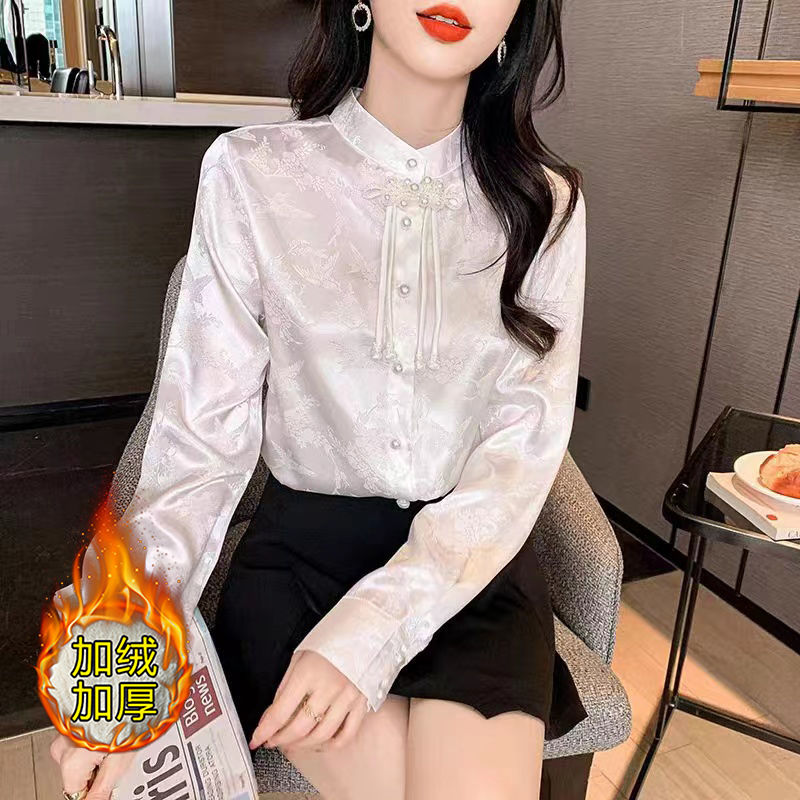 加絨加厚襯衫女設計感小眾2023新款秋冬氣質盤扣襯衣復古國風上衣