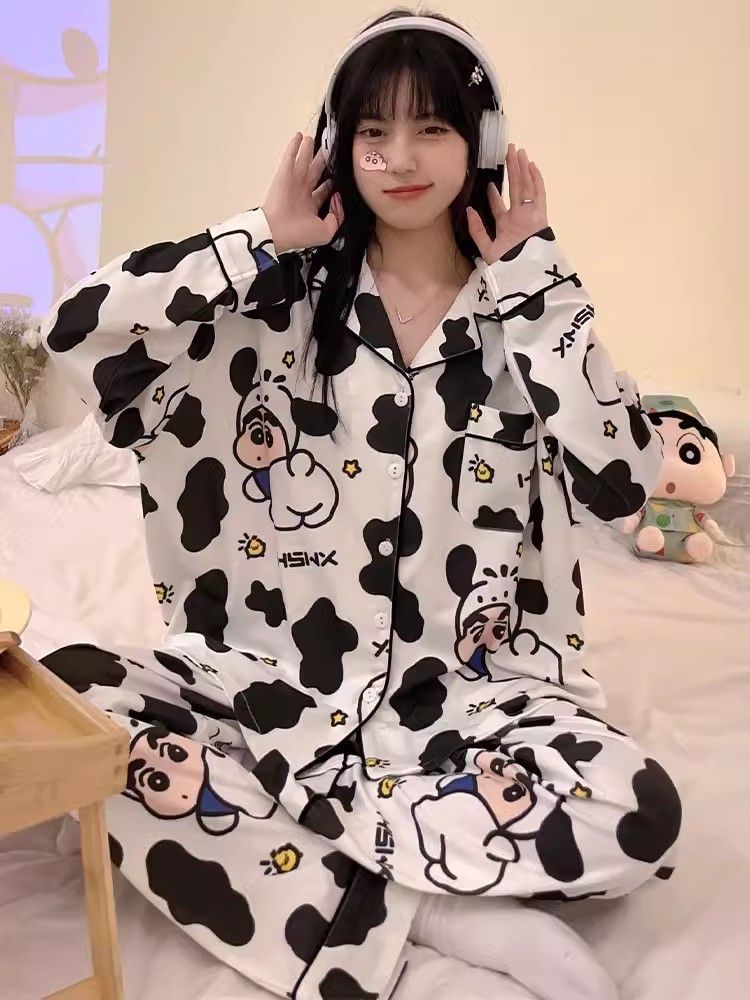 Pajamas for women spring and autumn pure cotton long-sleeved student cute plus size home wear summer 2024 new two-piece suit