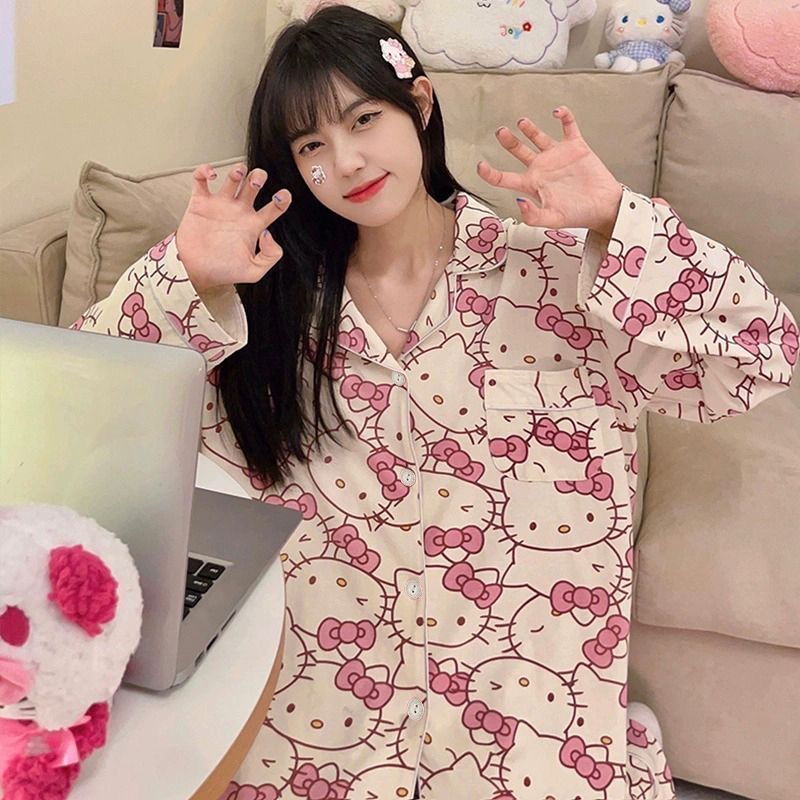 Pajamas for women spring and autumn pure cotton long-sleeved student cute plus size home wear summer 2024 new two-piece suit