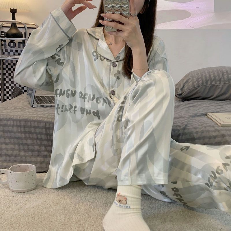 Pajamas for women spring and autumn pure cotton long-sleeved student cute plus size home wear summer 2024 new two-piece suit
