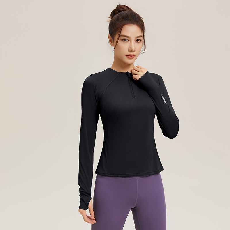 范斯蒂克健身衣女长袖秋冬新款修身显瘦半拉链立领跑步瑜伽运动服