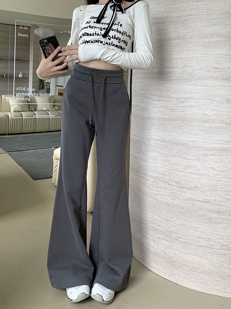 American drawstring high-waisted casual pants for women, loose micro-flared pants, 2024 spring and autumn trendy wide-leg pants, long pants