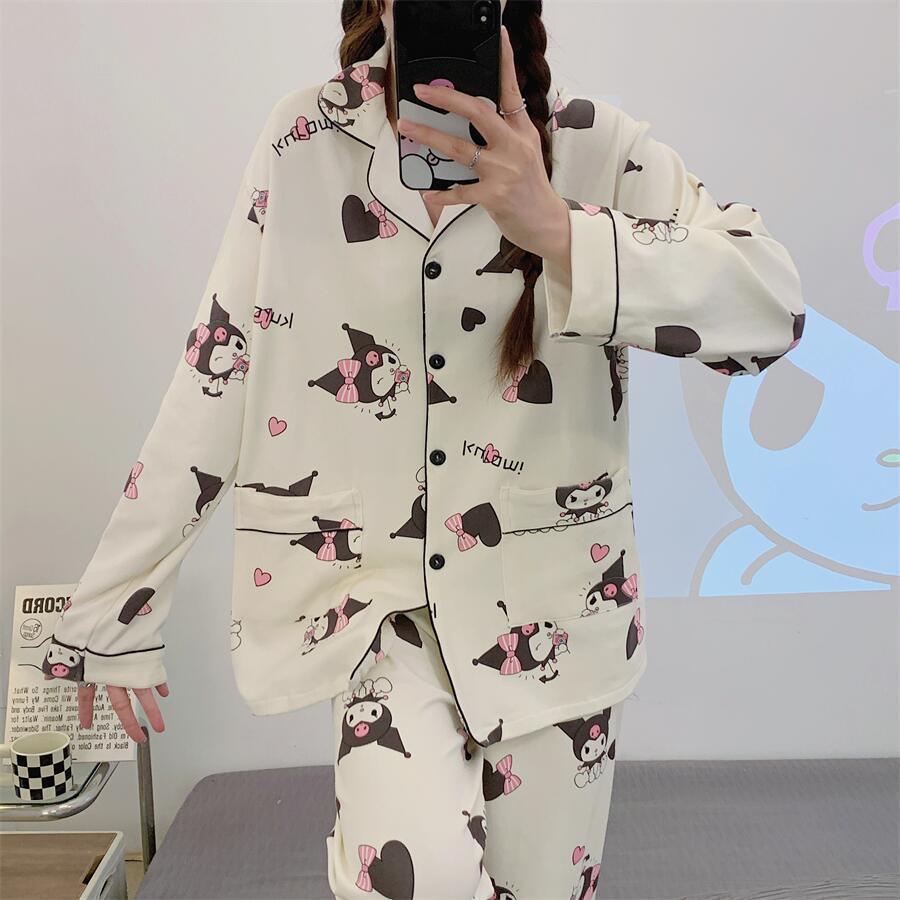 Pajamas for women spring and autumn pure cotton long-sleeved student cute plus size home wear summer 2024 new two-piece suit