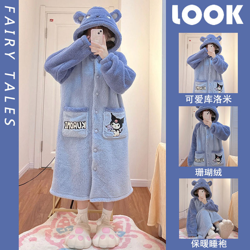 珊瑚絨睡衣女秋冬季2024新款加絨加厚保暖法蘭絨中長款連帽睡袍女