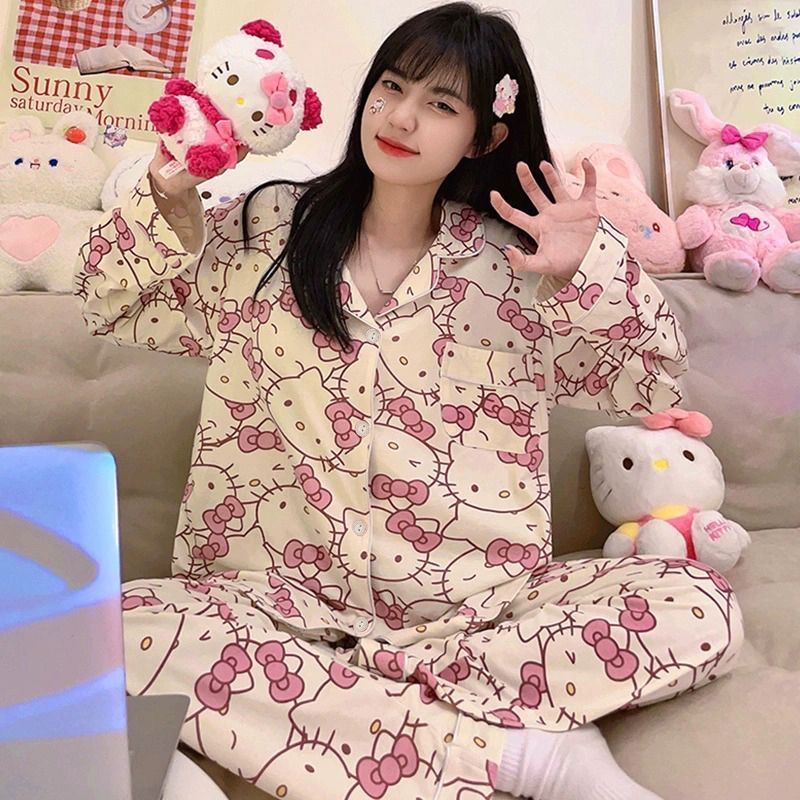 Pajamas for women spring and autumn pure cotton long-sleeved student cute plus size home wear summer 2024 new two-piece suit