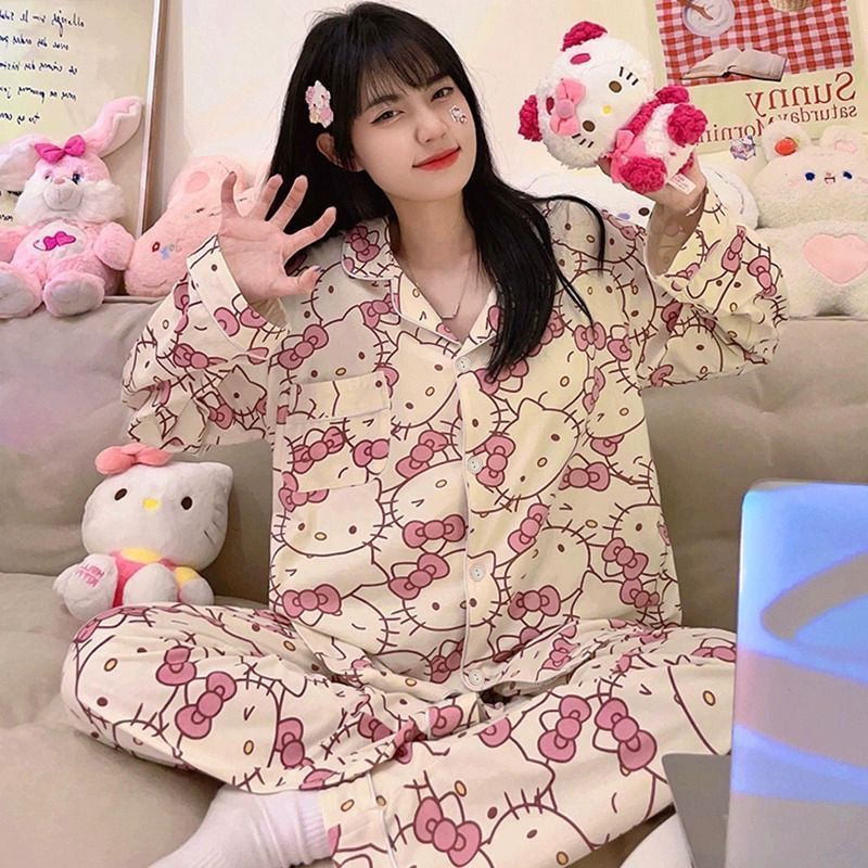 Pajamas for women spring and autumn pure cotton long-sleeved student cute plus size home wear summer 2024 new two-piece suit