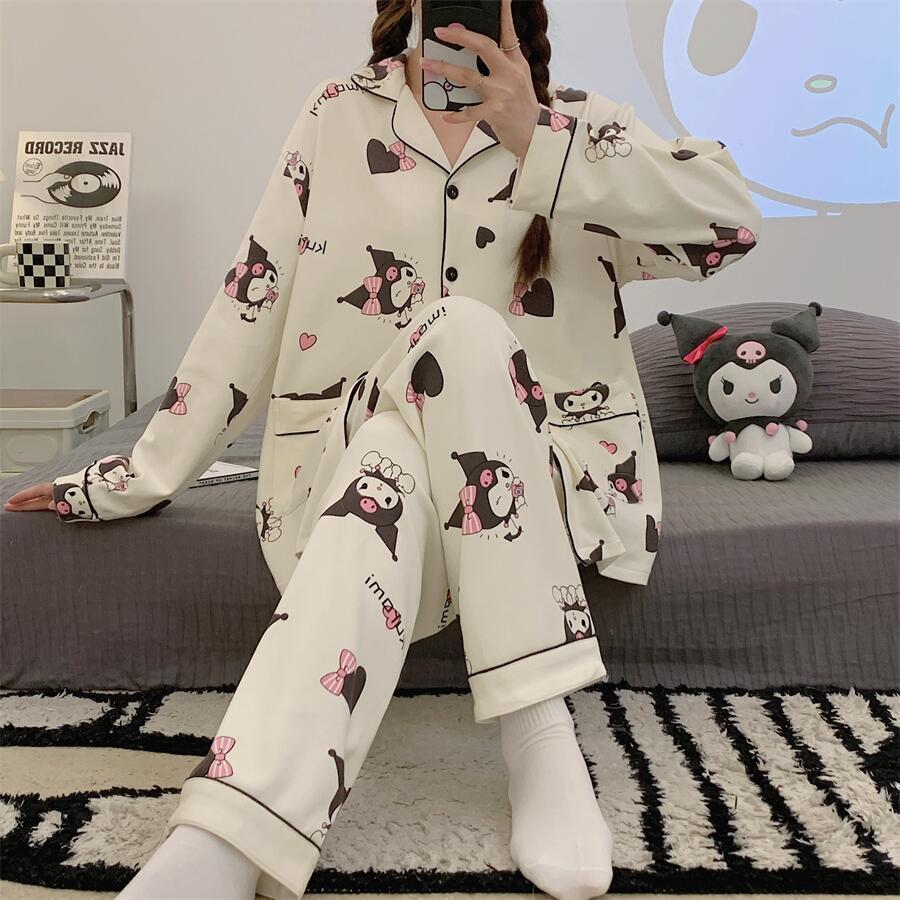 Pajamas for women spring and autumn pure cotton long-sleeved student cute plus size home wear summer 2024 new two-piece suit