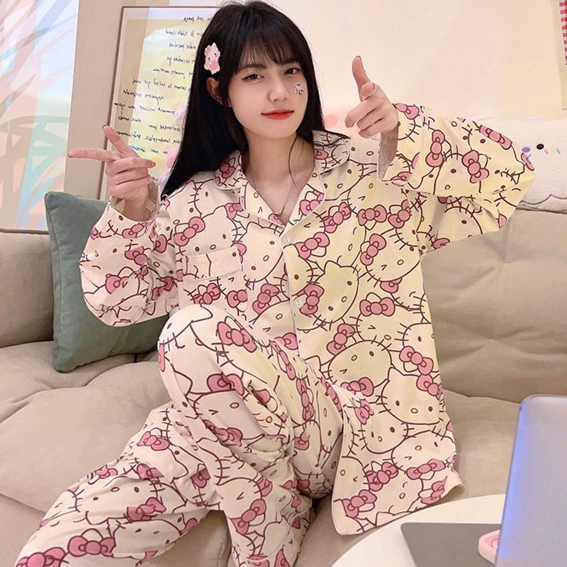 Pajamas for women spring and autumn pure cotton long-sleeved student cute plus size home wear summer 2024 new two-piece suit