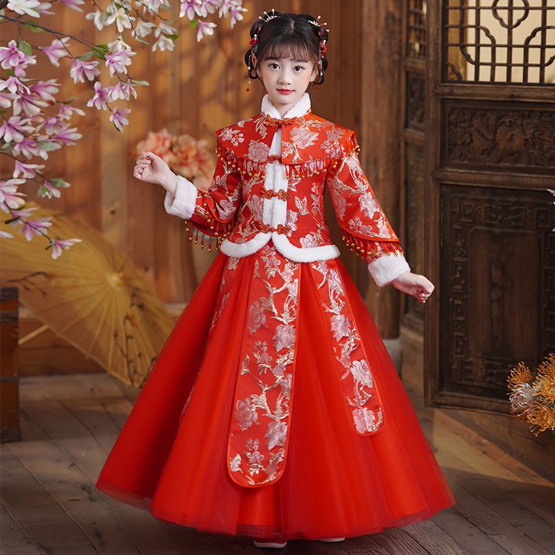 女童冬季連衣裙紅色古裝2024新款漢服唐裝拜年服兒童秋冬加絨裙子