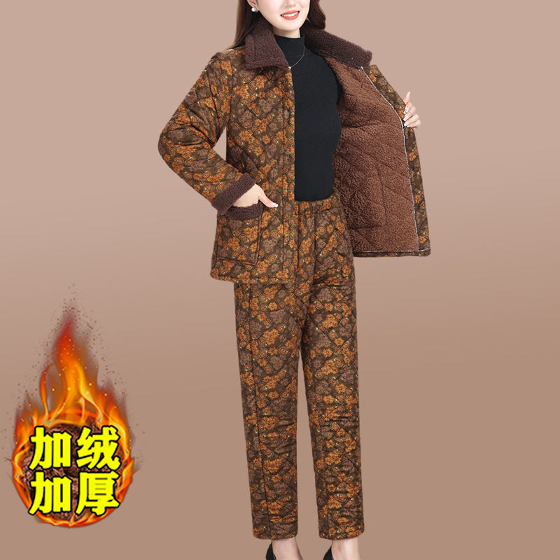 Mother's clothing winter new fashion floral cotton-padded jackets and cotton-padded clothes for middle-aged and elderly women plus velvet and thickened cotton-padded clothes and cotton trousers two-piece set