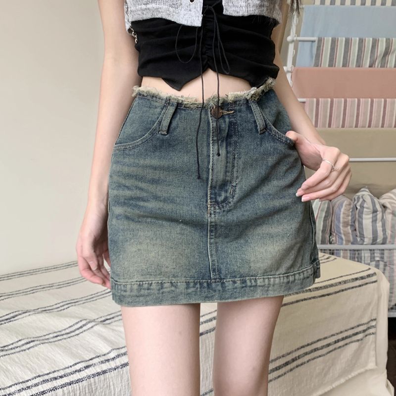 復古做舊毛邊防走光牛仔半身裙女夏季辣妹高腰顯瘦a字包臀裙短裙