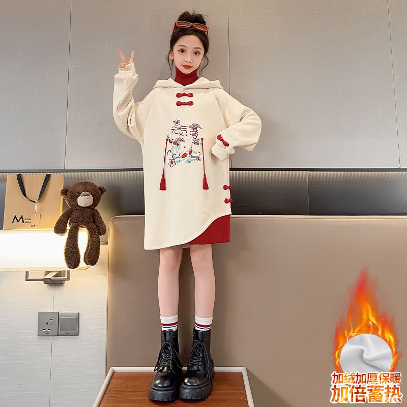 Girls' dresses, autumn and winter style, children's New Year's sweatshirts, mid-length, big children's winter velvet Hanfu skirts