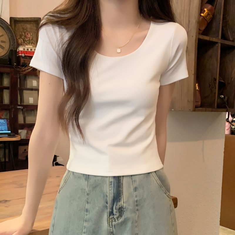 簡約白色u領露鎖骨短袖t恤女夏季新款小個子修身顯瘦短款上衣ins