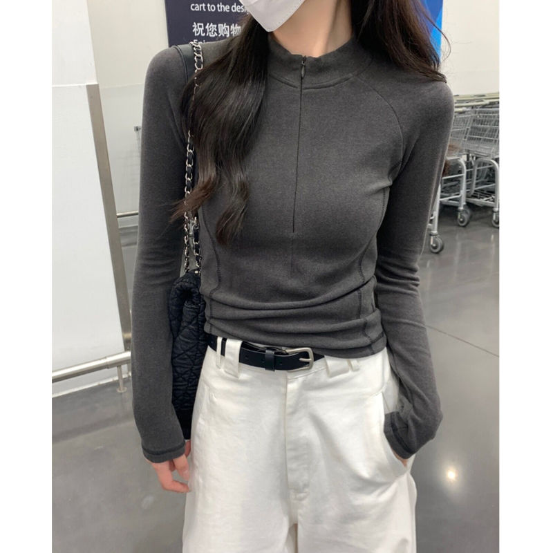 德絨T恤半高領拉鏈上衣女春秋2024設計感魚骨長袖內搭保暖打底衫