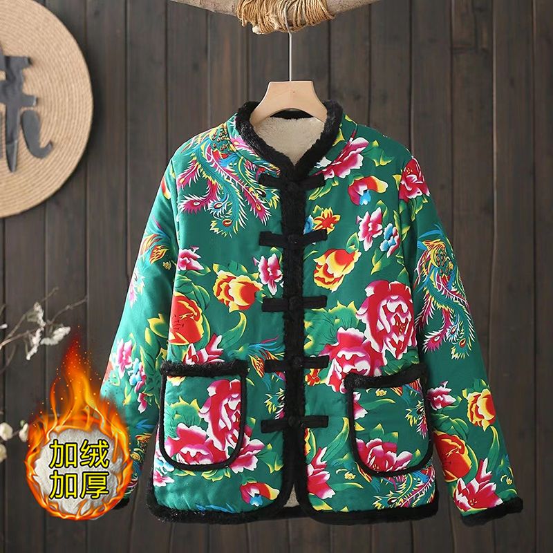 Internet celebrity new velvet thickened floral cotton-padded jacket for young people ethnic style floral jacket winter warm long-sleeved cotton-padded jacket