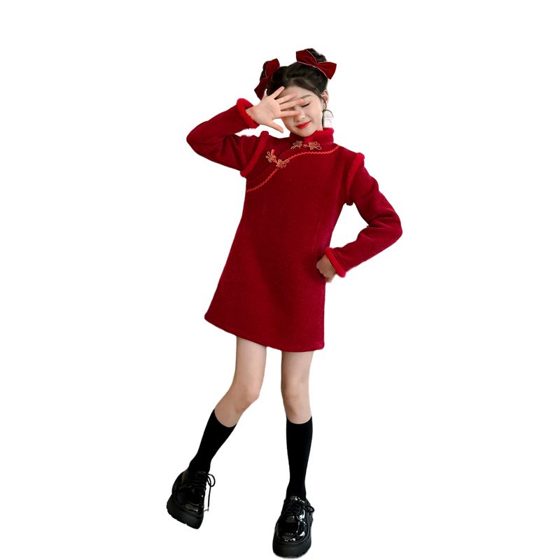 女童汉服秋冬新中式旗袍冬季连衣裙过年喜庆衣服加绒红色年服裙子