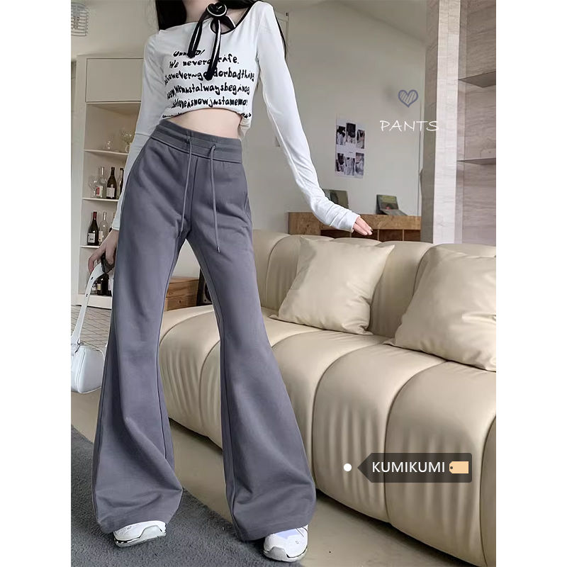 American drawstring high-waisted casual pants for women, loose micro-flared pants, 2024 spring and autumn trendy wide-leg pants, long pants