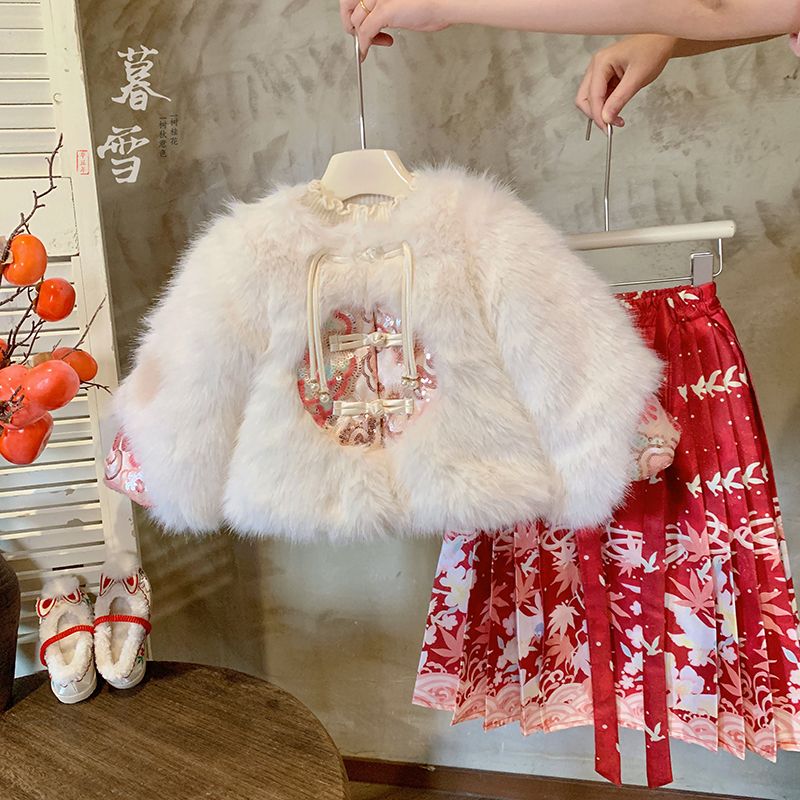 女童冬装汉服加绒加厚小女孩儿童拜年服套装中国风宝宝唐装马面裙
