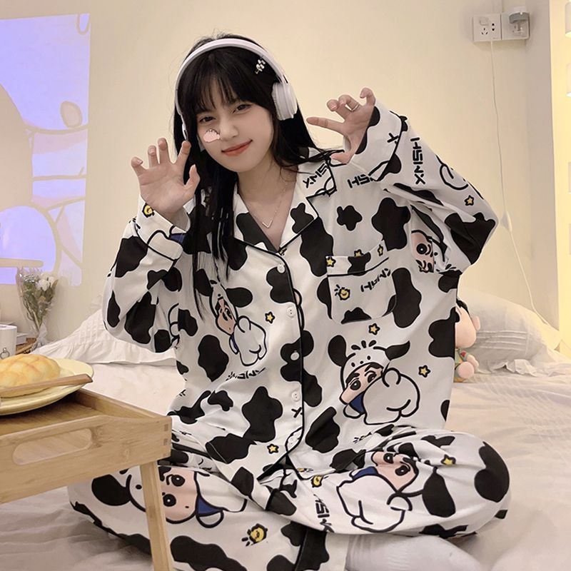 Pajamas for women spring and autumn pure cotton long-sleeved student cute plus size home wear summer 2024 new two-piece suit