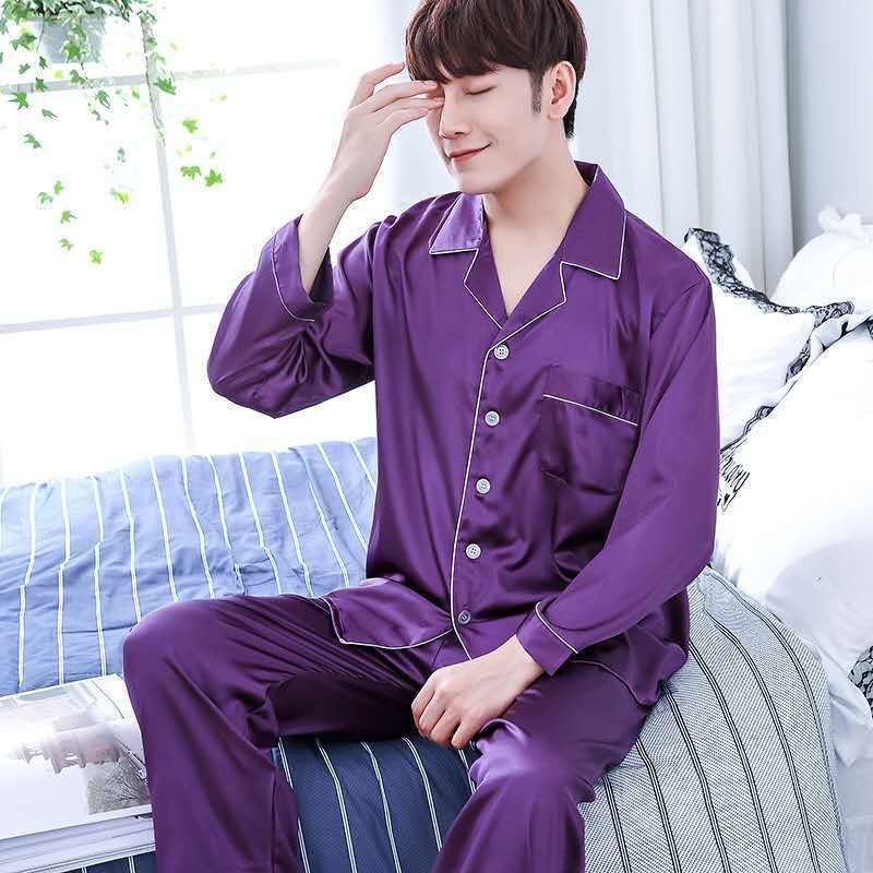 春秋夏季男士睡衣冰絲長袖薄款仿真絲綢青年秋冬加大碼家居服套裝