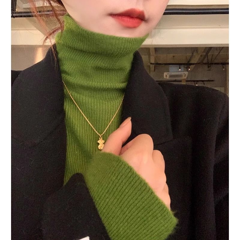 Autumn and winter avocado green pile high collar thickened bottoming sweater women's wool inner sweater fashionable green top
