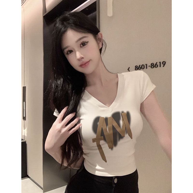 純欲性感白色v領短袖T恤女夏季2024新款韓版辣妹修身顯瘦短款上衣