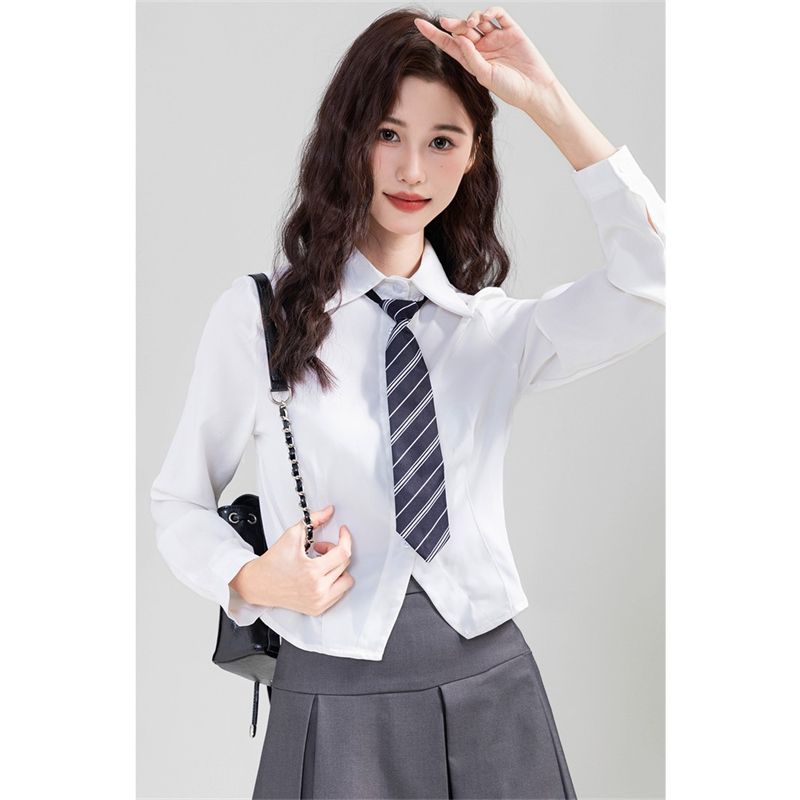 學院風jk領帶長袖襯衫女春秋新款韓版小眾設計感白色百搭短款上衣