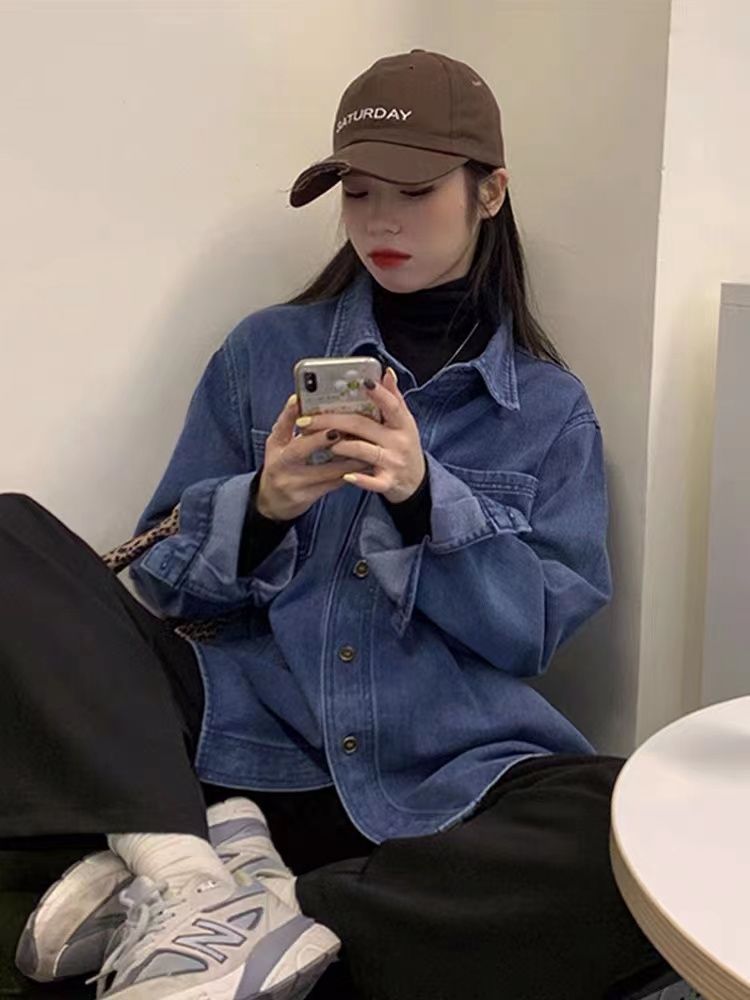 早秋季藍色復古牛仔襯衫秋裝女2024新款法式內搭襯衣上衣設計小眾