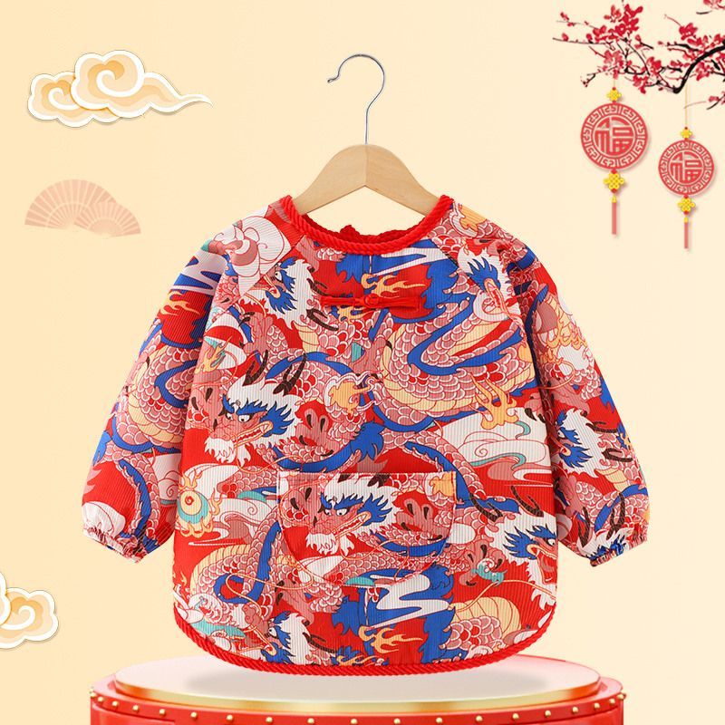 国风唐装儿童罩衣中国婴儿外穿围裙宝宝拜年秋冬围兜穿衣防水防脏