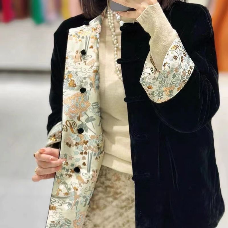 National trend winter new new Chinese style national style velvet stitching three-dimensional jacquard embroidery reversible cotton jacket for women