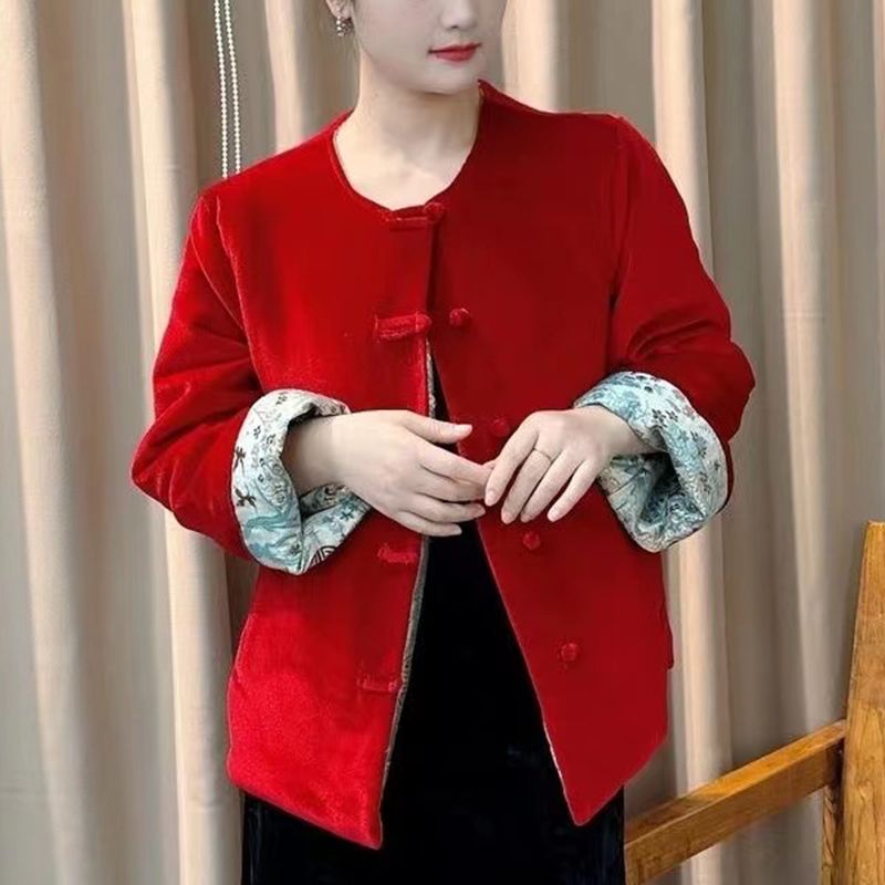 National trend winter new new Chinese style national style velvet stitching three-dimensional jacquard embroidery reversible cotton jacket for women