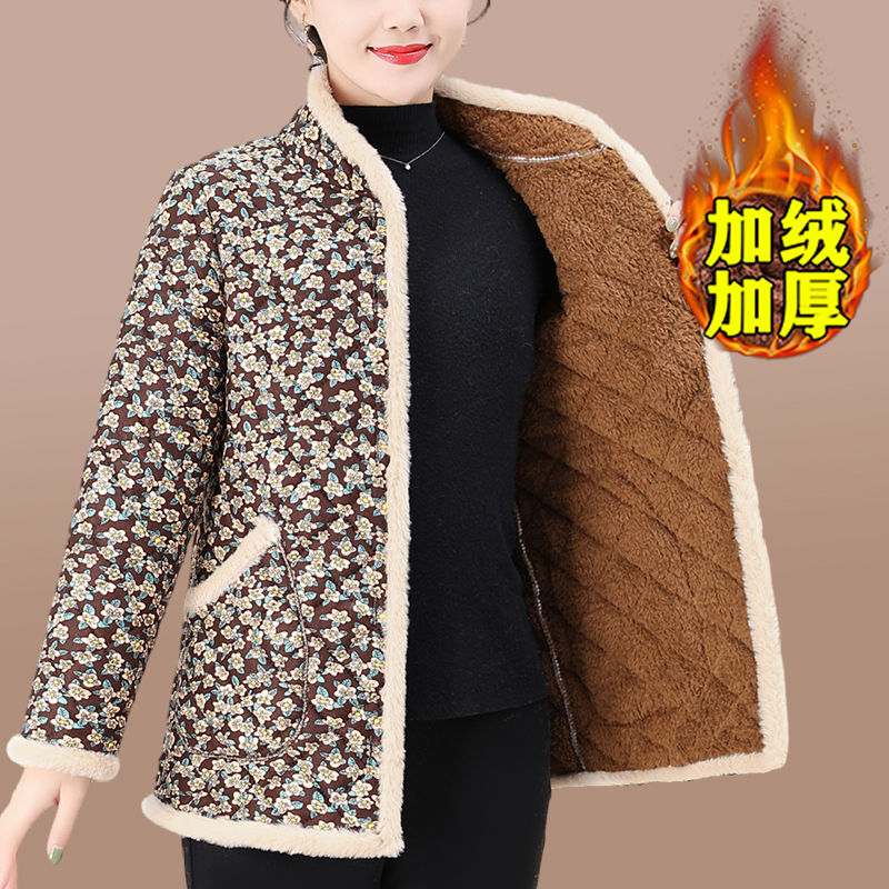 Middle-aged and elderly women's cotton-padded clothes, new style, velvet floral cotton-padded clothes, mother's coat, thickened and warm cotton-padded jacket in winter