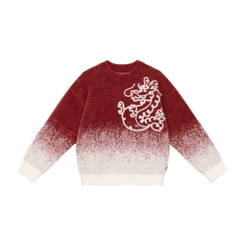 儿童红色毛衣2024冬季新款龙年国风男童水貂绒加厚针织拜年服上衣