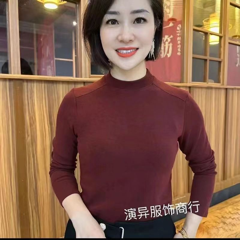 加绒加厚打底衫冬季新款时尚妈妈装纯色半高领休闲气质内搭上衣