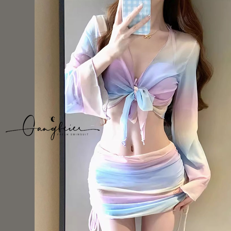 Bikini four-piece sun protection belly-covering slimming Internet celebrity pure lust high-end 2024 new high-waisted swimsuit for women summer