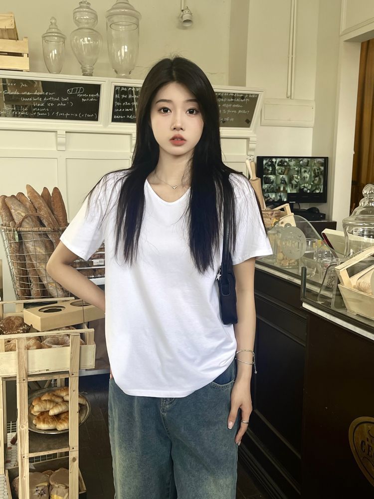 100%純棉短袖女新款夏季女生短袖V領寬鬆白色t恤女裝氣質上衣潮