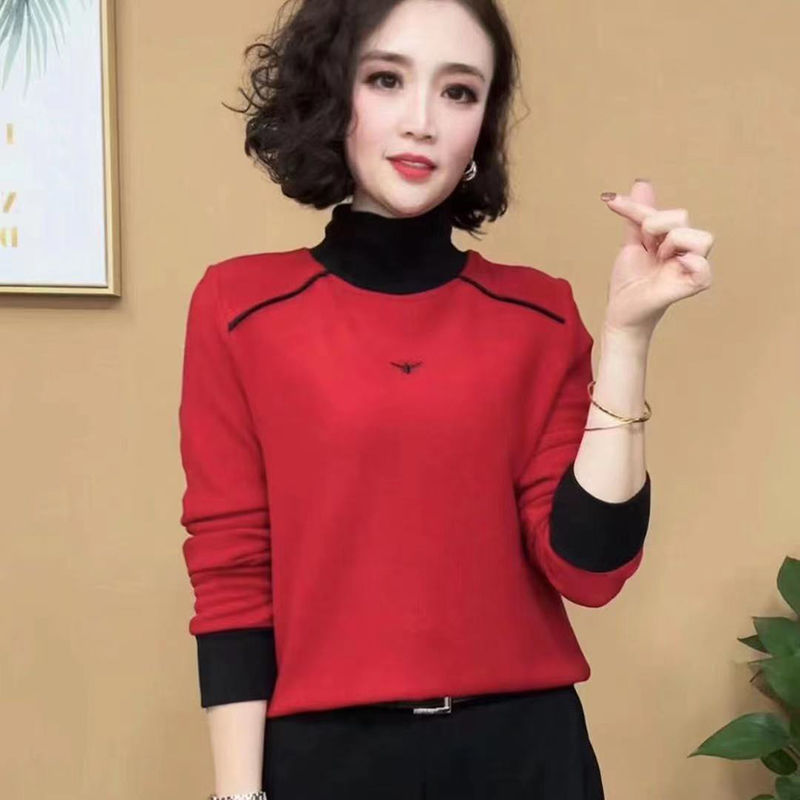 2024年新品時尚洋氣百搭半高領拼接雙面絨保暖長袖女士打底衫上衣