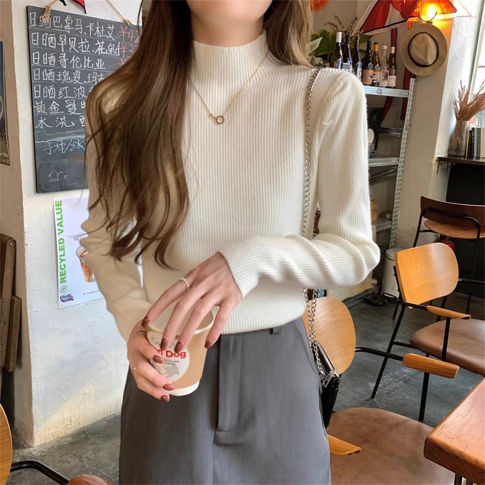 Autumn and winter 2024 new style half turtleneck fashionable sweater for women with puff sleeves and inner sweater high-end bottoming top T