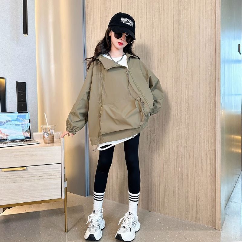 Girls' coats spring and autumn 2023 new style children's wear hooded tops for older girls spring windproof jackets