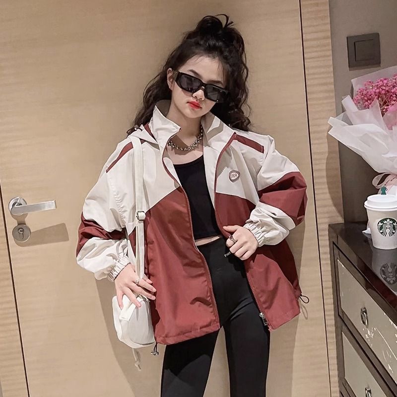 Girls' coat spring and autumn 2024 new style trendy big children's windbreaker hooded spring children's jacket thin section