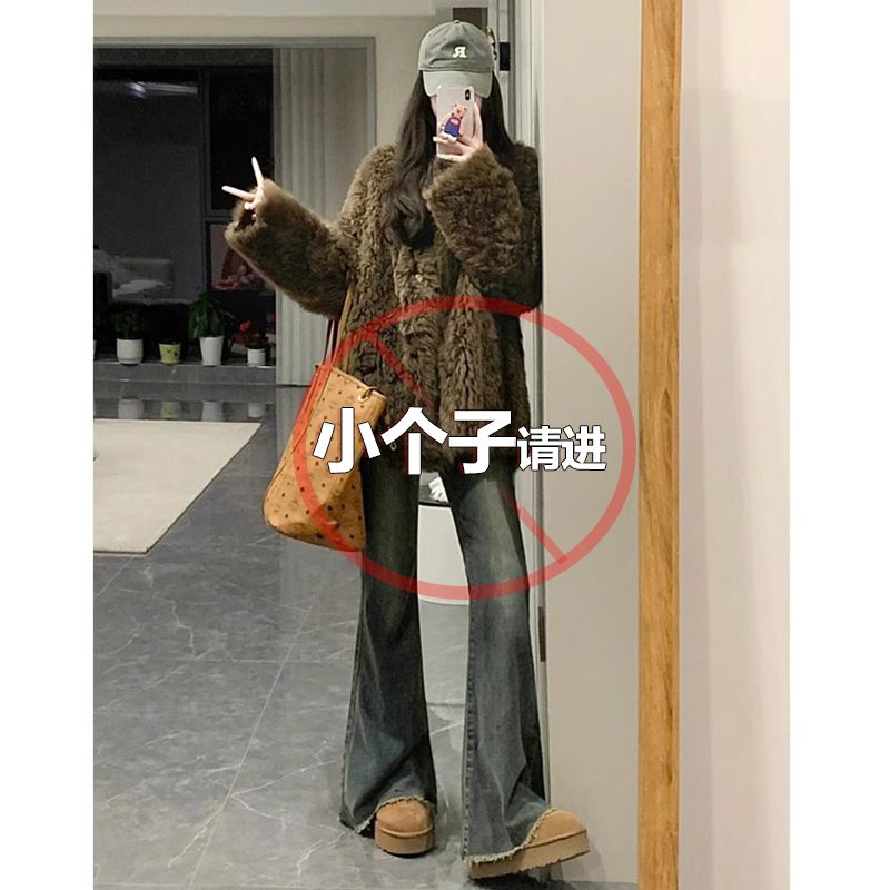 秋冬復古微喇叭牛仔褲女小個子高腰顯瘦百搭垂感美式毛邊馬蹄長褲