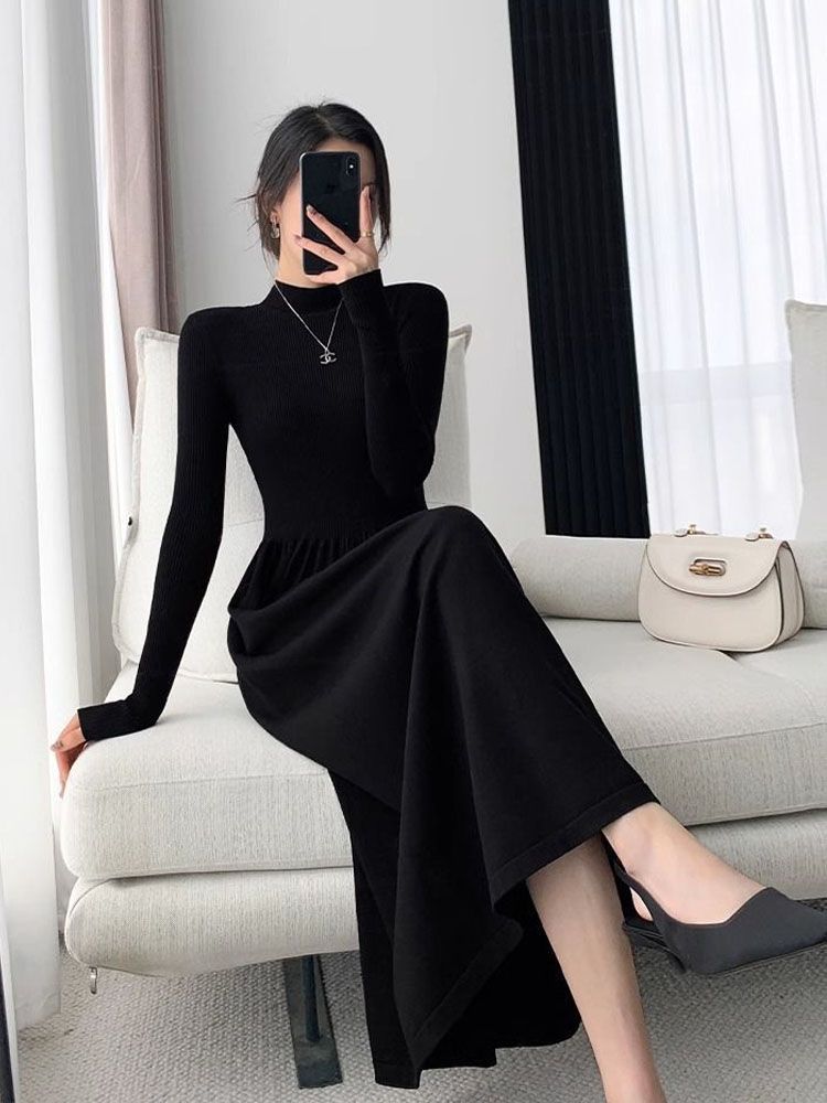 Half turtleneck black dress autumn and winter new slim fit inner skirt collegiate style versatile skirt