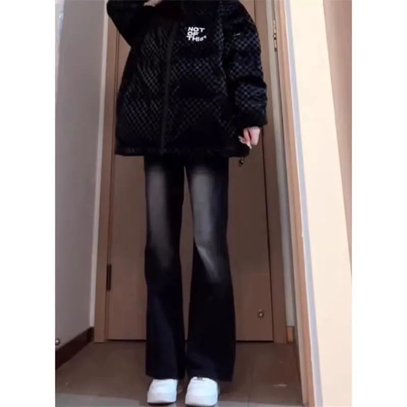 黑灰色微喇叭牛仔褲女春秋設計感梨形身材百搭高腰顯瘦拖地馬蹄褲