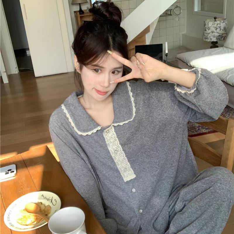 2024新款ins睡衣女秋冬季甜美保暖蕾絲花邊可外穿長袖家居服套裝